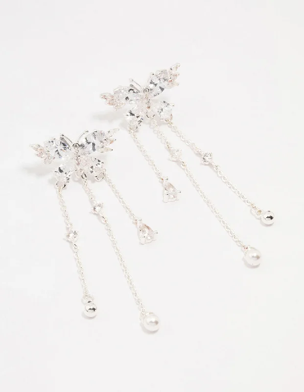 Long Chain Earrings-Silver Cubic Zirconia Butterfly Drop Earrings