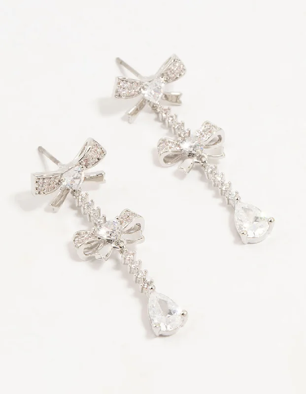 Petite Stud Earrings-Silver Plated Cubic Zirconia Bow Drop Earrings