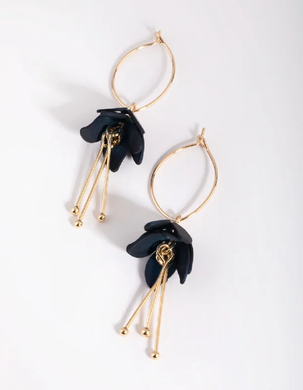 Pear Shaped Earrings-Navy Flower Drop Earrings