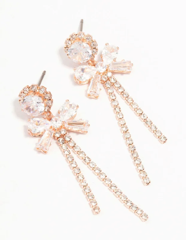 Heart-Shaped Stud Earrings-Rose Gold Plated  Bow Zirconia Cup Chain Earrings