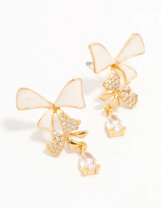 Luxury Chandelier Earrings-Real Gold Plated Cascading Cubic Zirconia & Cream Bow Drop Earrings