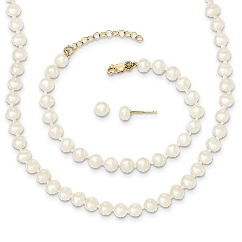 Silver Link Bracelet-14k 4-5mm FW Cultured Pearl 5 w/1 ext Bracelet 14 w/1 ext Neck Earring Set