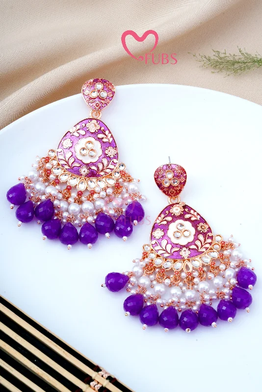 Silver Plated Earrings-Chandeliers Meenakari Pearl Drop Danglers Earrings