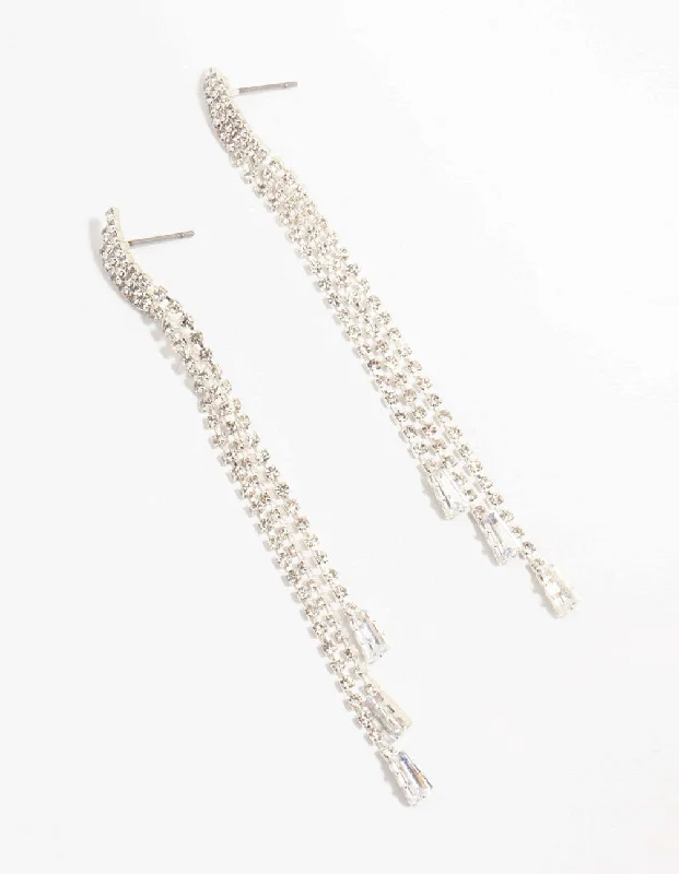 Multi-Layer Earrings-Diamante Cup Chain Drop Silver Earrings