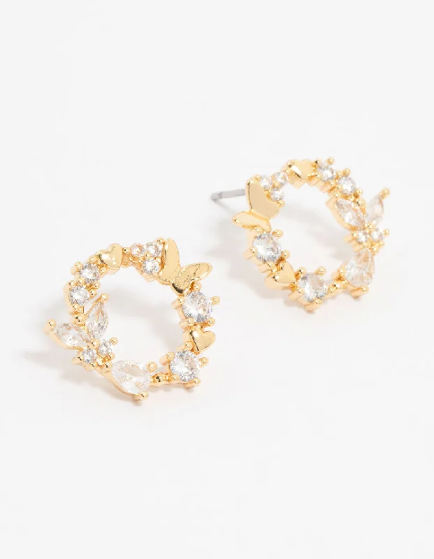 Bridal Earrings-Gold Plated Cubic Zirconia Butterfly Wreath Stud Earrings