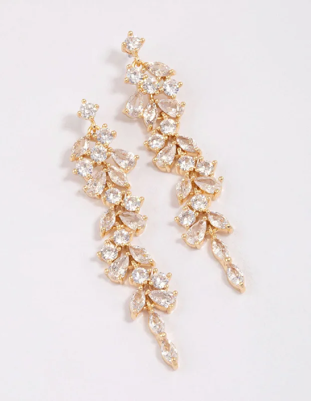 Unique Chandelier Earrings-Gold Plated Cubic Zirconia Dainty Vine Drop Earrings