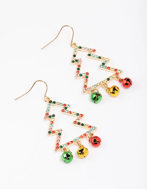 Double Hoop Earrings-Multicoloured Diamante Tree & Bells Drop Earrings