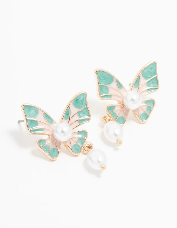 Elegant Gemstone Earrings-Gold Blue Butterfly Pearl Drop Earrings