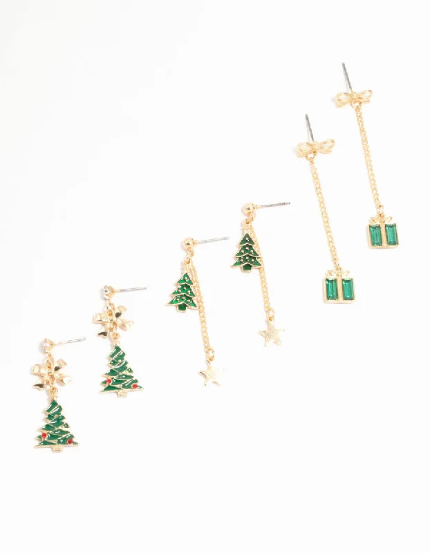 Elegant Diamond Earrings-Green Trees & Presents Drop Earrings 3-Pack