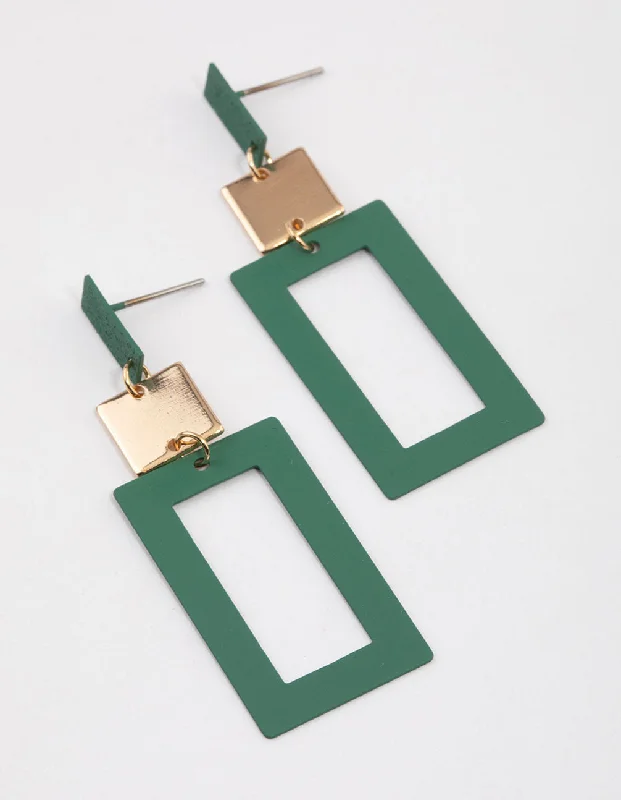 Large Statement Earrings-Green Graduating Rectangle Open Drop Earrings