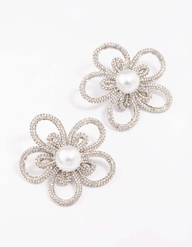 Butterfly Shape Earrings-Silver Diamante & Pearl Flower Statement Stud Earrings