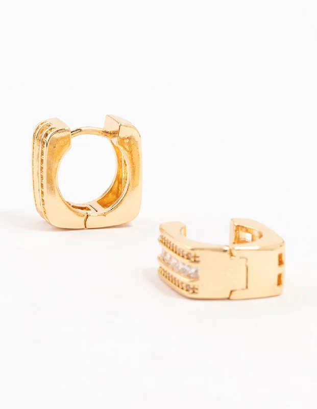 Classic Silver Earrings-Gold Plated Trio Pave Set Diamante  Square Hoop Earrings