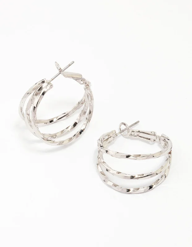 Ethnic Style Earrings-Silver Triple Row Smooth Hoop Earrings