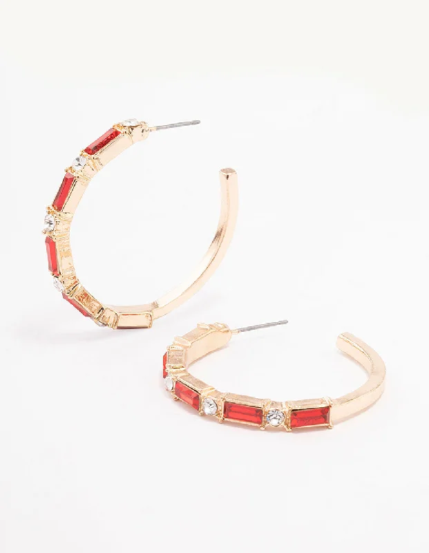 Bohemian Earrings-Gold Baguette Red Hoop Earrings