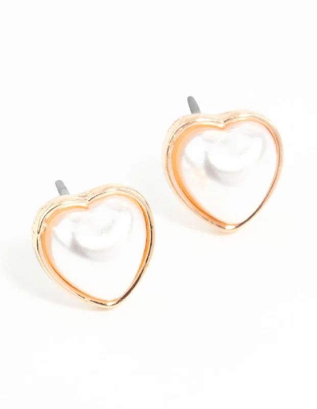 Large Silver Earrings-Gold Mini Pearl Heart Stud Earrings