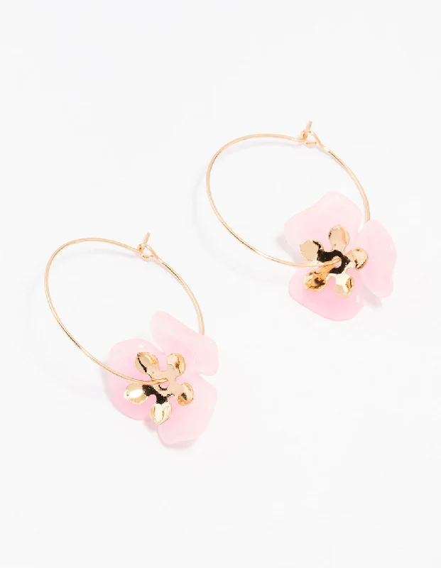 Fashion Hoop Earrings-Gold Large Pink Flower Wire Hoop Earrings