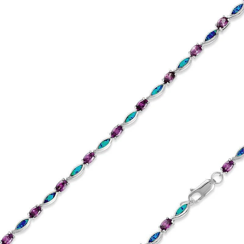 Handmade Gemstone Bracelet-Sterling Silver Amethyst CZ's and Blue Opal Marquise Bracelet