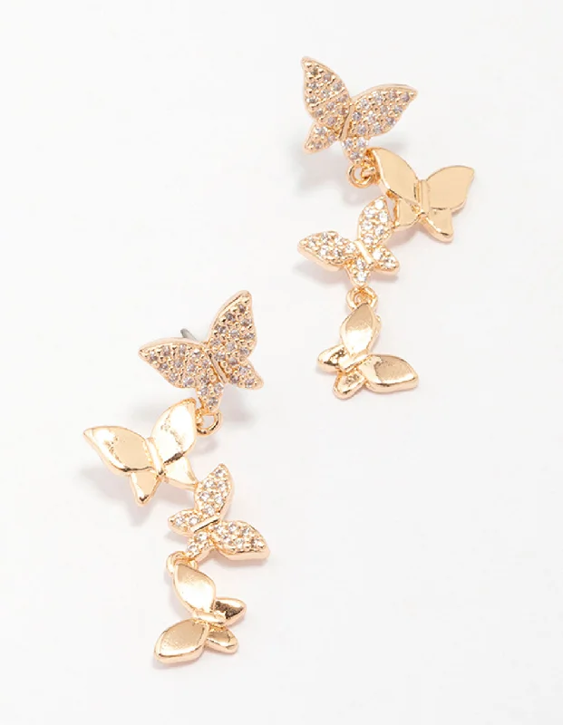 Cute Ear Jackets-Gold Cubic Zirconia Butterfly Drop Earrings