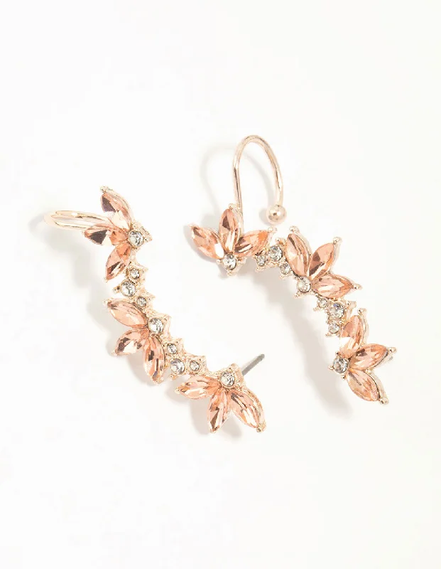 Vintage Pearl Earrings-Rose Gold Diamante Leaf Ear Cuff