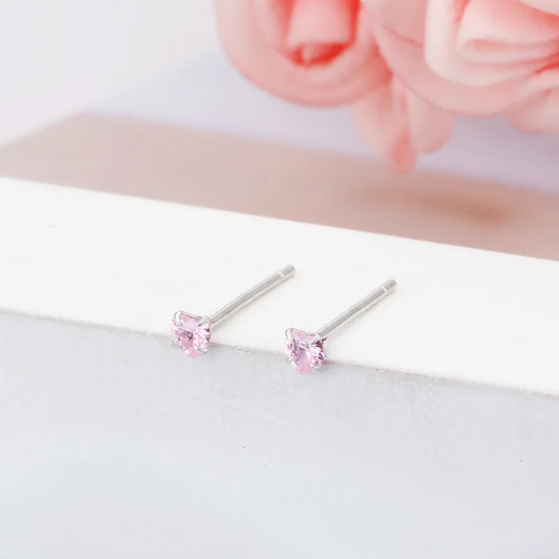 3mm Pink Heart-Shaped Stud Earrings