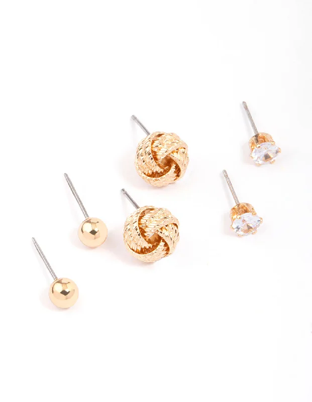 Elegant Chandelier Earrings-Gold Diamante Knotted Stud Earring 3-Pack