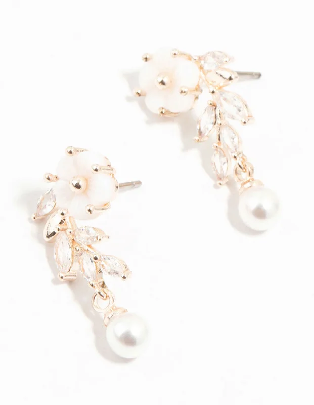 Stud Earrings for Women-Rose Gold Plated Flower & Pearls Drop Earrings