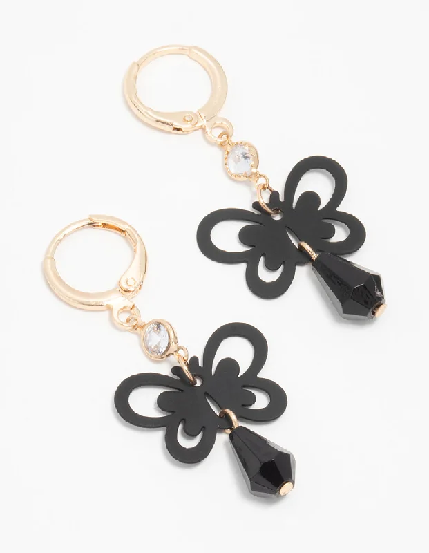 Vintage Style Earrings-Gold Black Diamante Butterfly Huggie Earrings