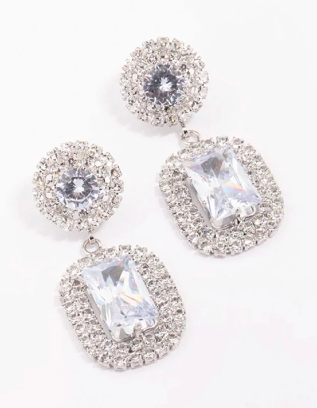 Classic Stud Earrings-Silver Double Stone Statement Drop Earrings