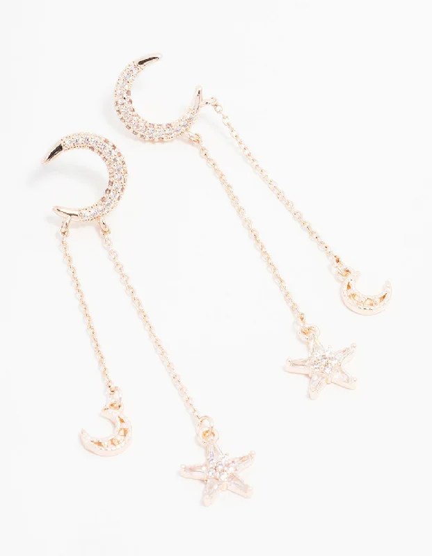 Metal Statement Earrings-Rose Gold Plated Cubic Zirconia Moon & Star Drop Earrings