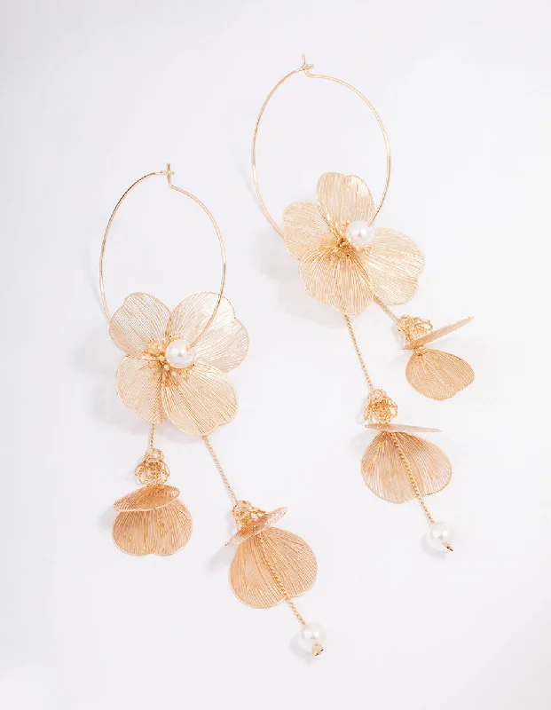 Colored Hoop Earrings-Gold Textured Petal Pearl Drop Earrings