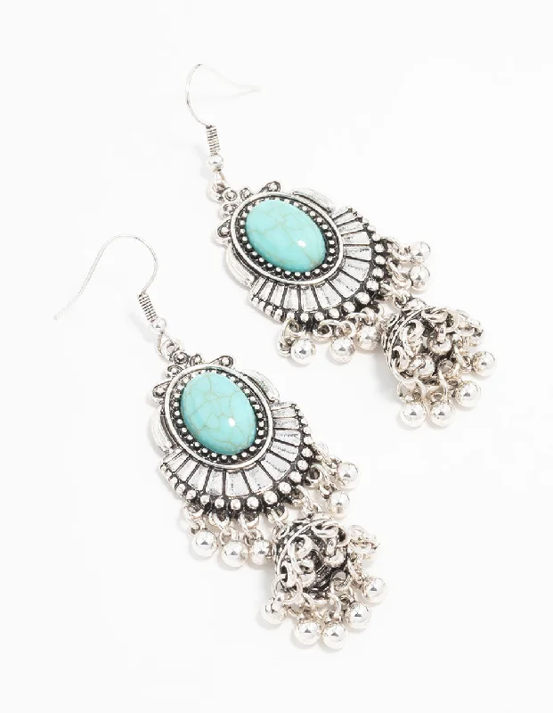 Tiny Stud Earrings-Antique Silver Turquoise Drop Earrings