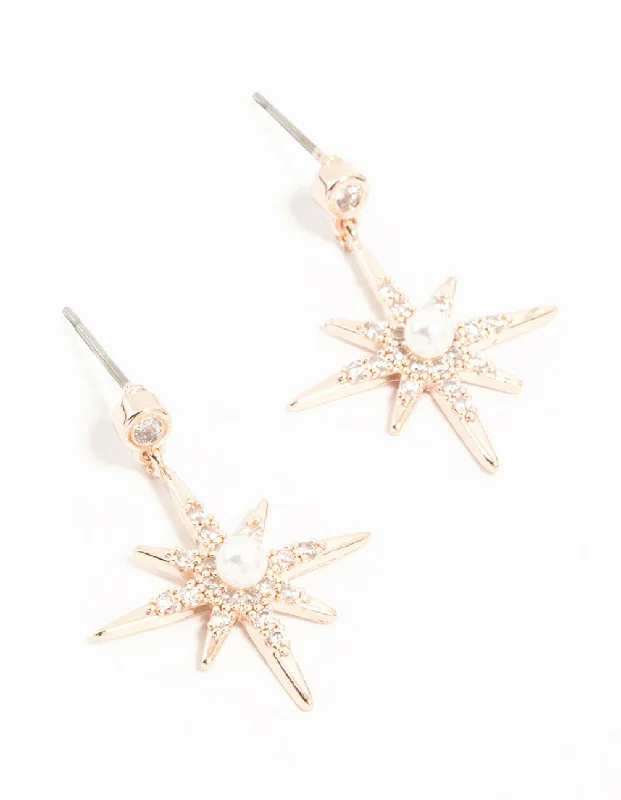 Cute Ear Jackets-Rose Gold Plated Star Crystal Pearl Drop Earrings