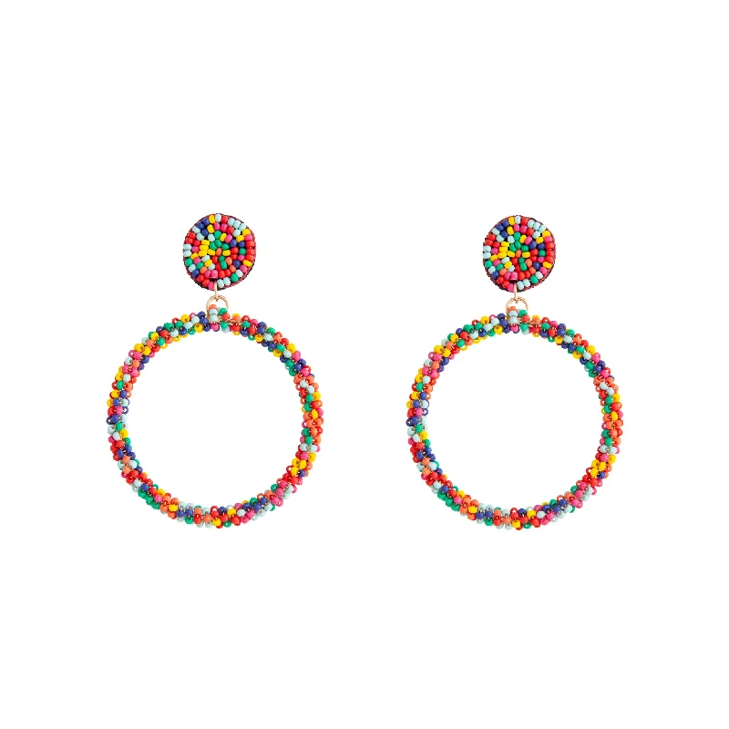 Modern Geometric Earrings-Rainbow Seed Bead Drop Hoop Earrings