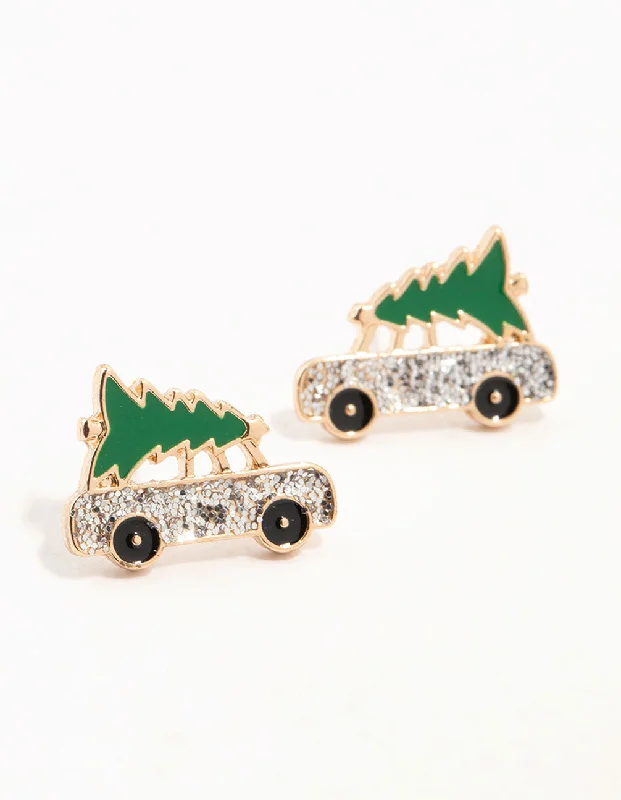 Chic Cuff Earrings-Gold Mini Car & Tree Stud Earrings