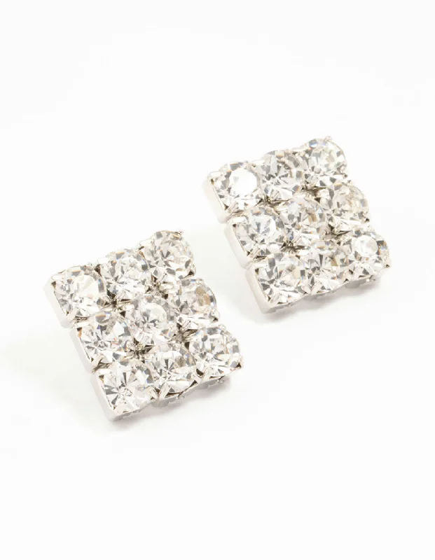 Trendy Ear Hoops-Silver Circular Diamante Square Statement Studs