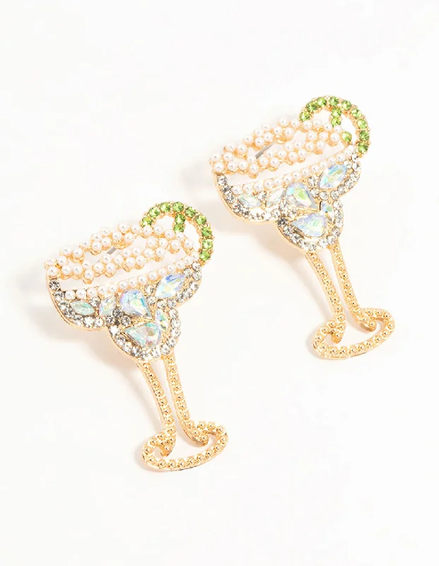 Luxury Pearl Earrings-Gold Margarita Cocktail Drop Earrings