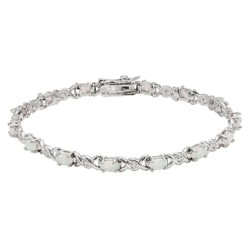 Diamond Bangle Bracelet-Sterling Silver Double X With CZ & Oval White Opal Bracelet