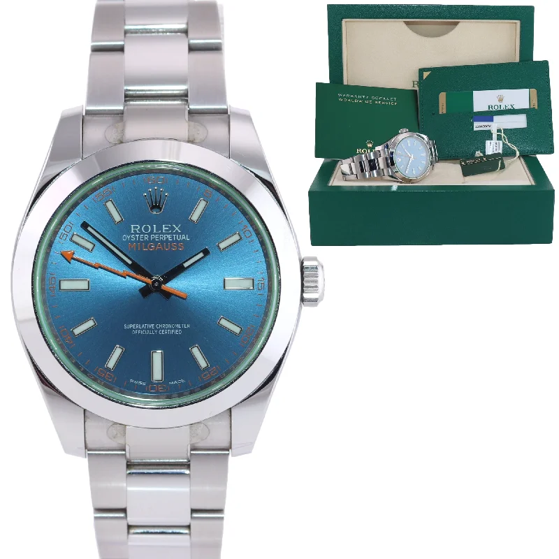 Women's Classic Analog Watch-STICKERS PAPERS Rolex Milgauss Blue Anniversary Green 116400GV Steel Watch Box