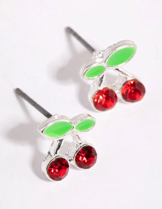 Embellished Earrings-Silver & Red Cherry Stud Earrings