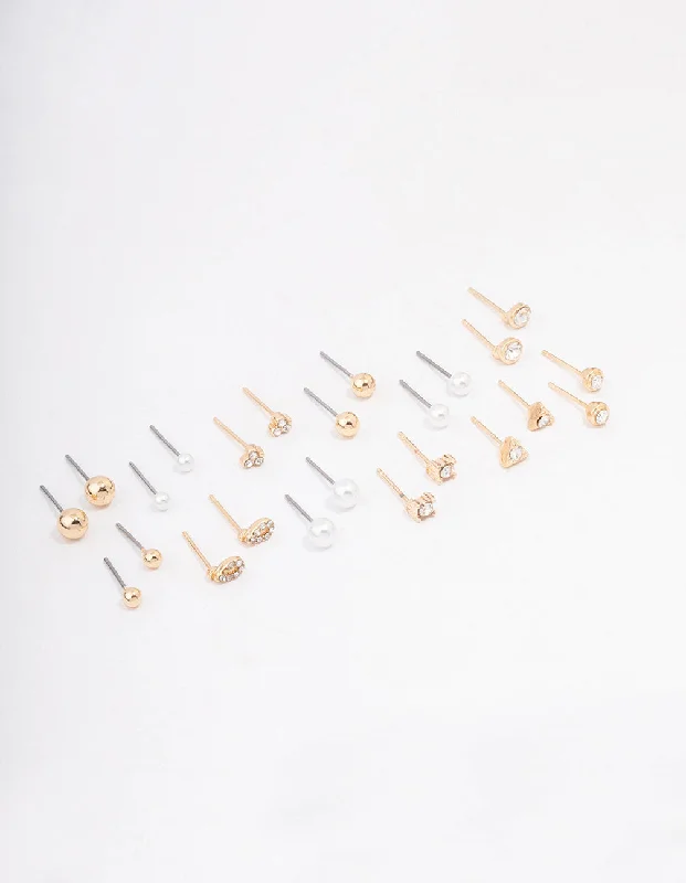 Handmade Boho Earrings-Gold Classic Pearl & Diamante Stud Earring 12-Pack