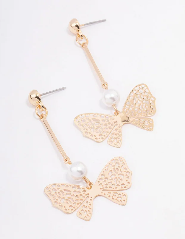 Clear Crystal Earrings-Gold Filigree Butterfly Pearl Earrings