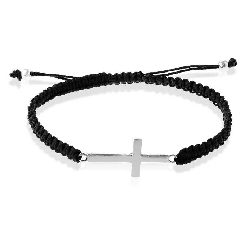 Elegant Diamond Bracelet-Classic Men's Bracelet - Sterling Silver Flat Cross on Black Macrame | S-4839