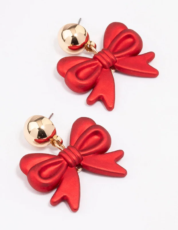 Stylish Drop Earrings-Red Pearlised Bow Drop Earrings