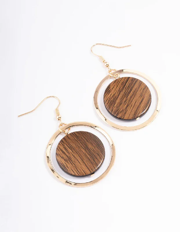 Diamond Drop Earrings-Brown Round Wood Drop Earrings