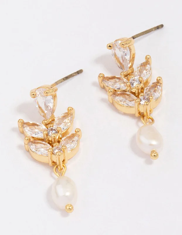 Modern Drop Earrings-Gold Plated Double Leaf Pearl Drop Earrings