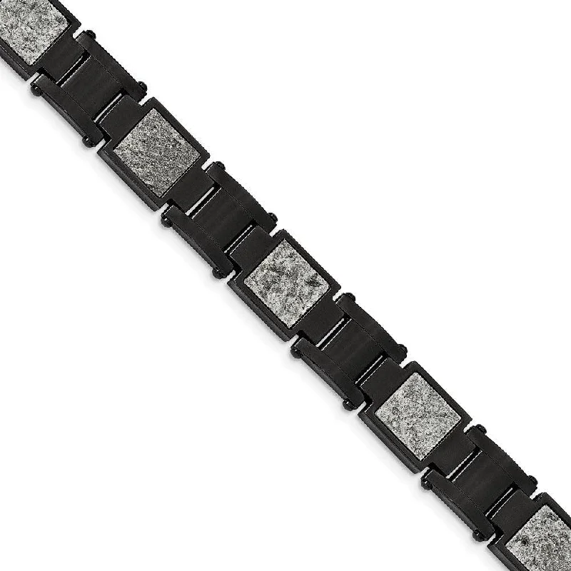 Gold-Plated Bracelet-Stainless Steel Polished Black IP w/Sedimentary Rock Inlay 8.5in Bracelet