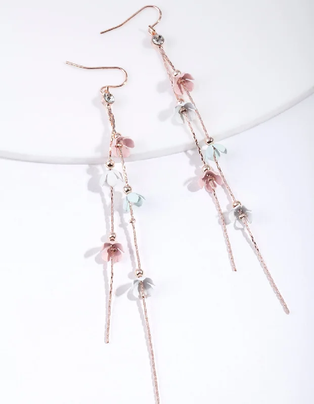 Dangling Gold Earrings-Mixed Pastel Flower Earrings