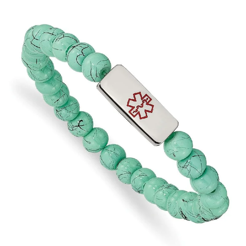 Boho Beaded Bracelet-Stainless Steel Polished Medical ID Turquoise Glass Stretch Bracelet