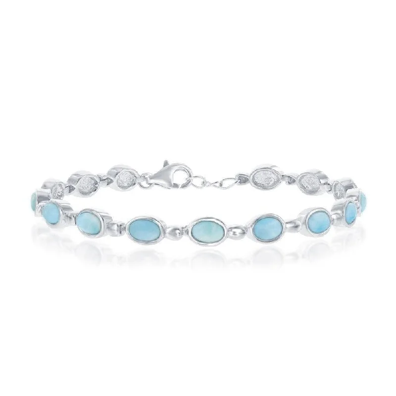 Handcrafted Gold Bracelet-Sterling Silver Bezel-Set Oval Larimar Linked Bracelet, 7"