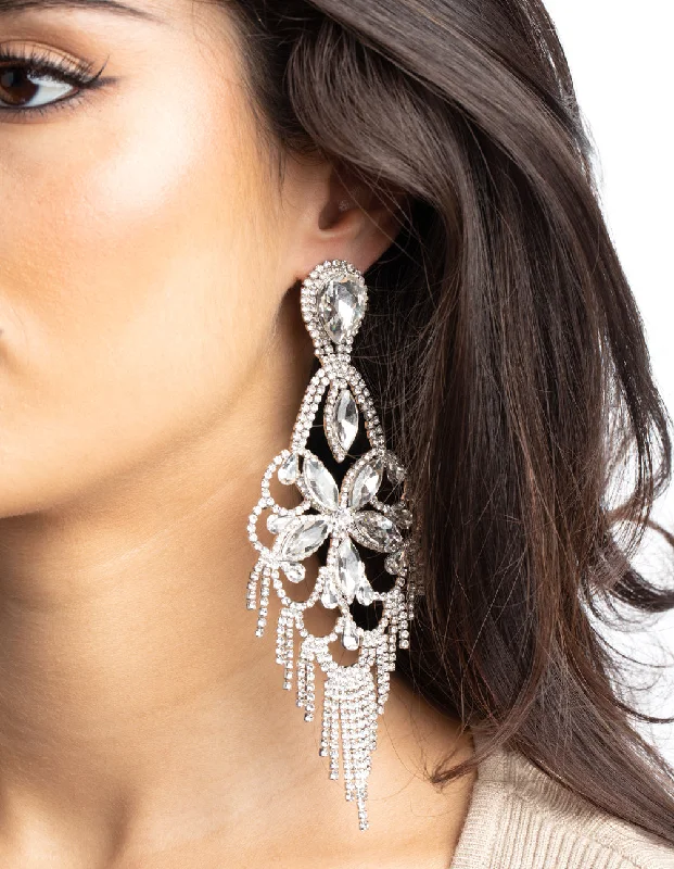 Long Chain Earrings-Silver Diamante Statement Earrings